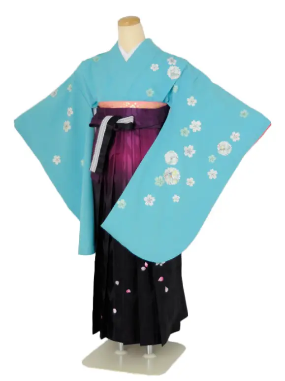 小学生卒業式袴女児 水色桜花紋×パープルぼかし矢絣刺繍 N006