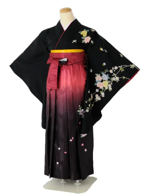 小学生卒業式袴女児c107黒しだれ桜×赤絣ぼかし桜