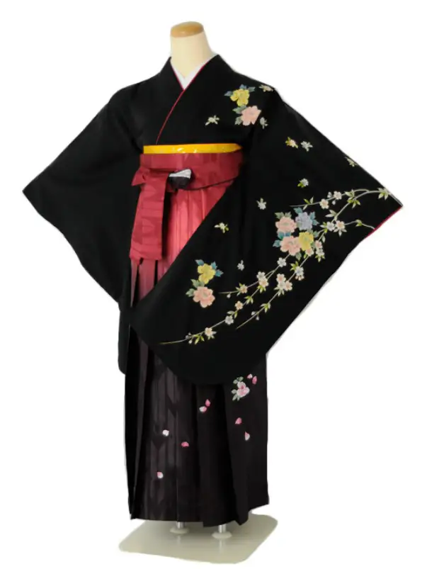 小学生卒業式袴女児c107黒しだれ桜×赤絣ぼかし桜