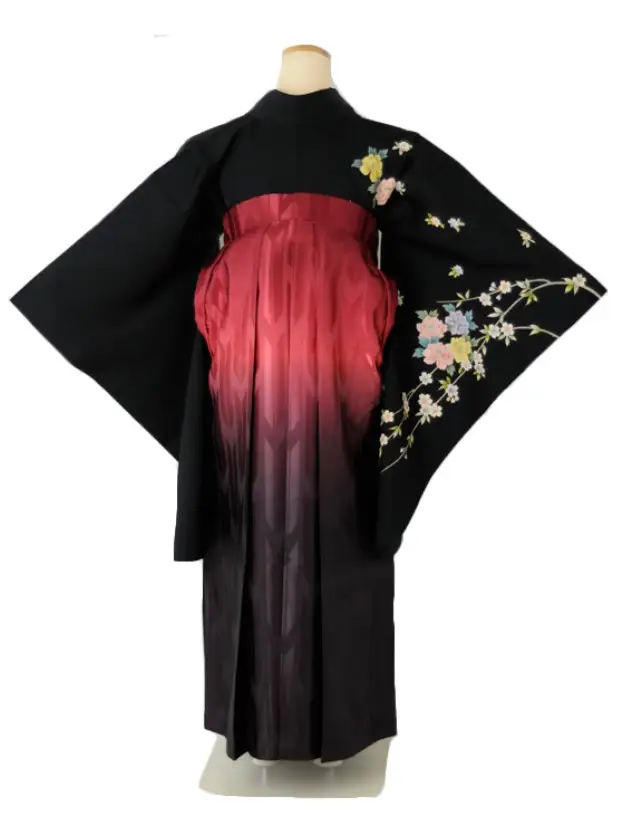 小学生卒業式袴女児c107黒しだれ桜×赤絣ぼかし桜