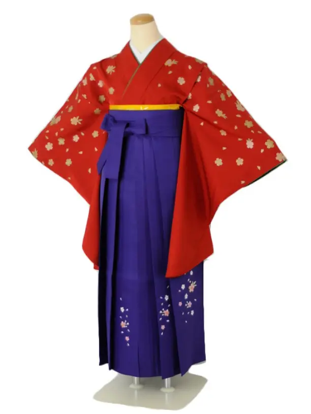 小学生卒業式袴女児c109赤ちらし桜×パープル無地桜刺繍