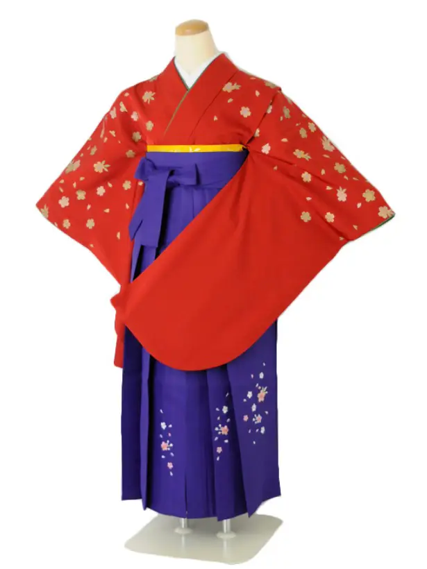 小学生卒業式袴女児 赤ちらし桜×パープル無地桜刺繍 N009