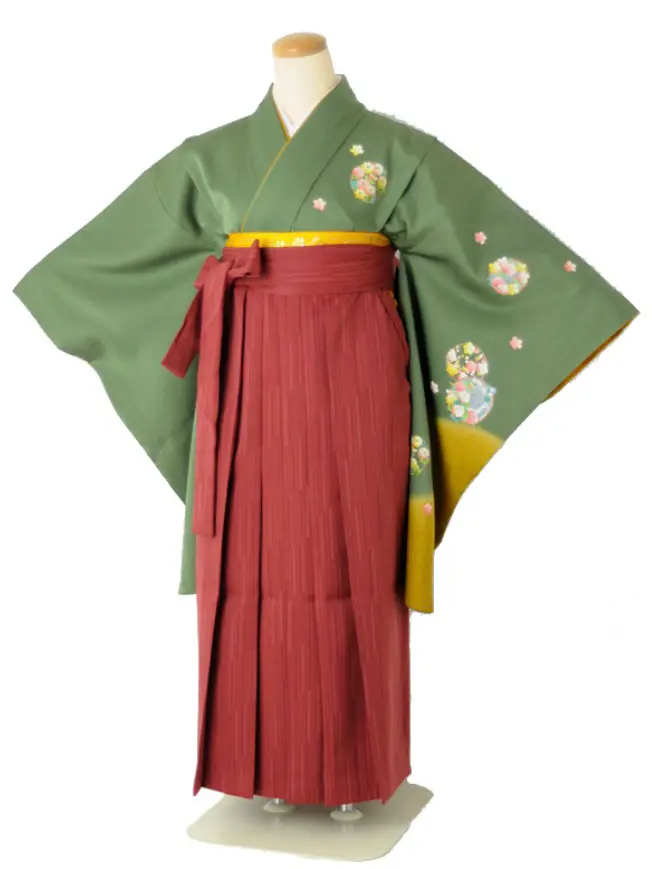 小学生卒業式袴女児c111グリーン花輪桜×えんじ絣