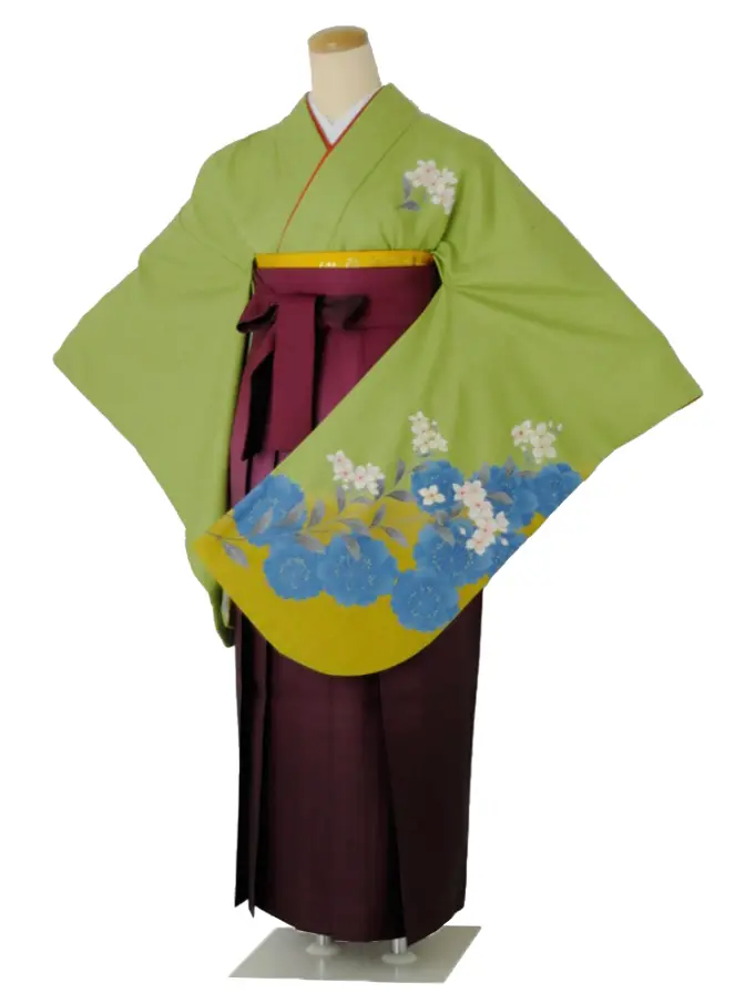 小学生卒業式袴女児 グリーン白花桜×ワインぼかし N012