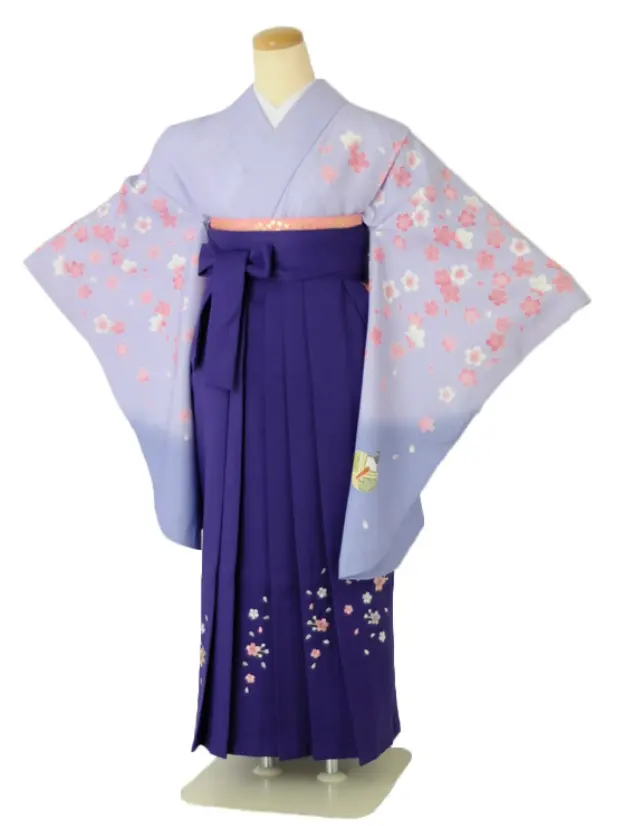 小学生卒業式袴女児c113パープルひな人形×パープル無地桜刺繍