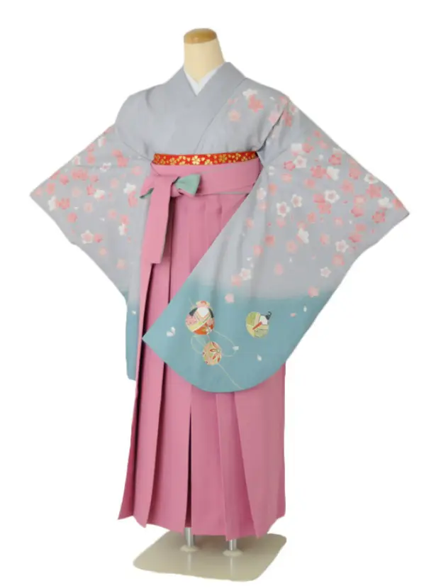 小学生卒業式袴女児c114グレーひな人形×ピンク袴
