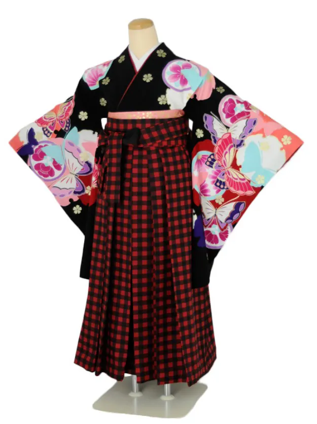 小学生卒業式袴女児c116AKINA蝶×赤チェック