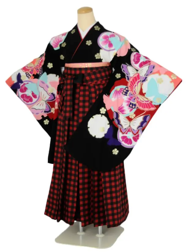 小学生卒業式袴女児 蝶×赤チェック N016