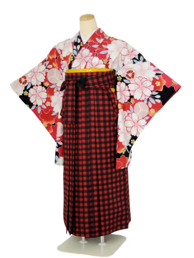 小学生卒業式袴女児c117AKINA桜×赤チェック