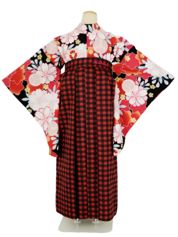 小学生卒業式袴女児 桜×赤チェック N017