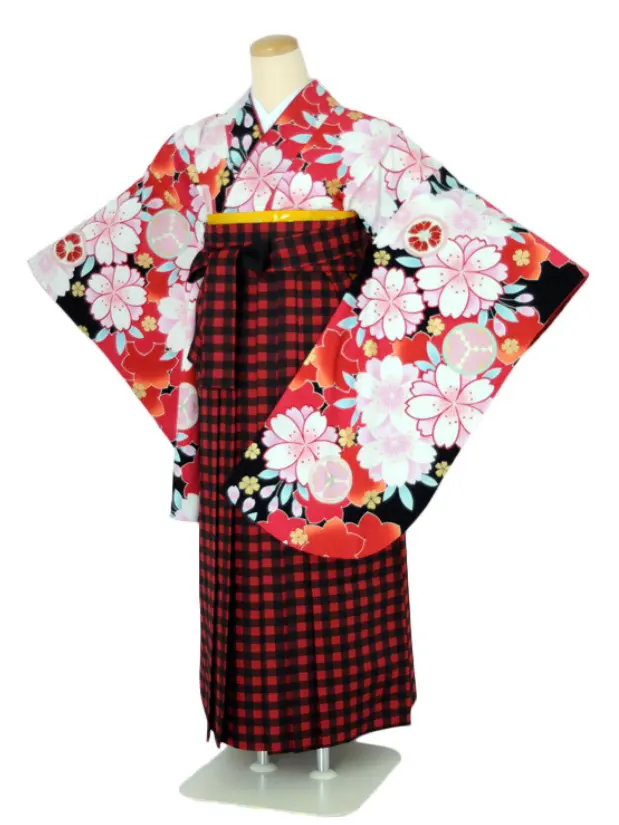 小学生卒業式袴女児 桜×赤チェック N017