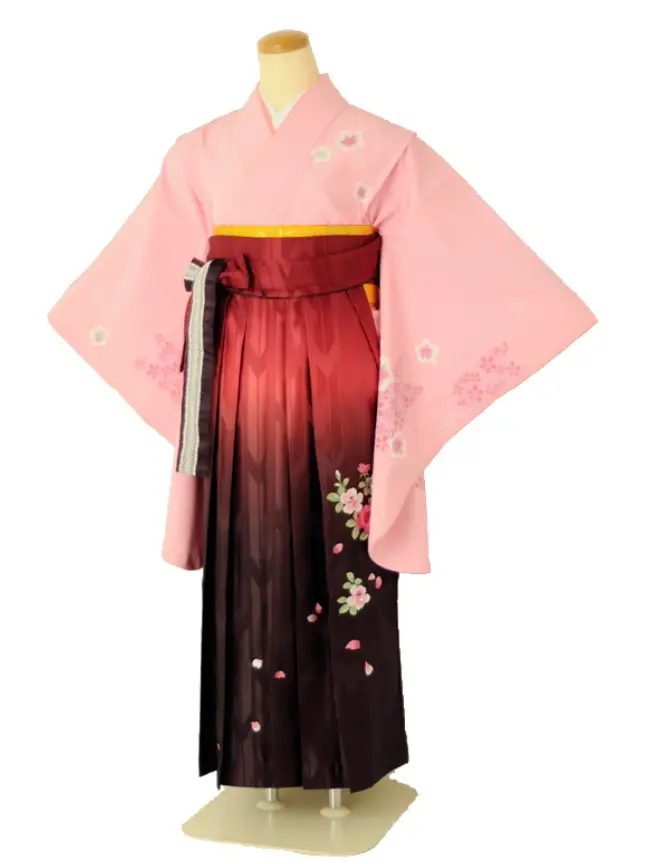 小学生卒業式袴女児c121ヒロミチピンク桜×レッド絣ぼかし裾花チラシ