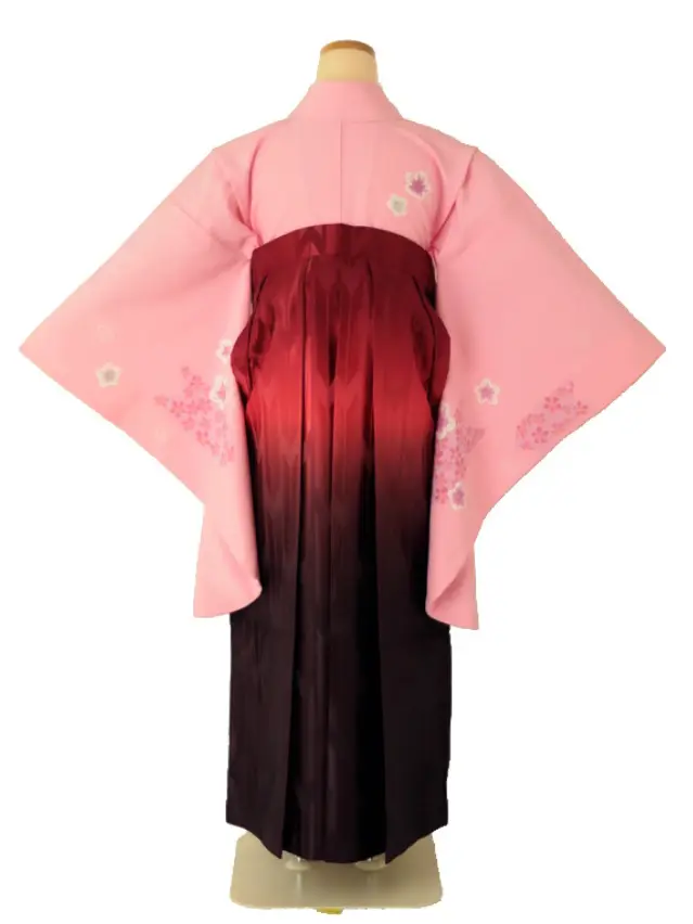 小学生卒業式袴女児 ピンク桜×レッド絣ぼかし裾花チラシ N020