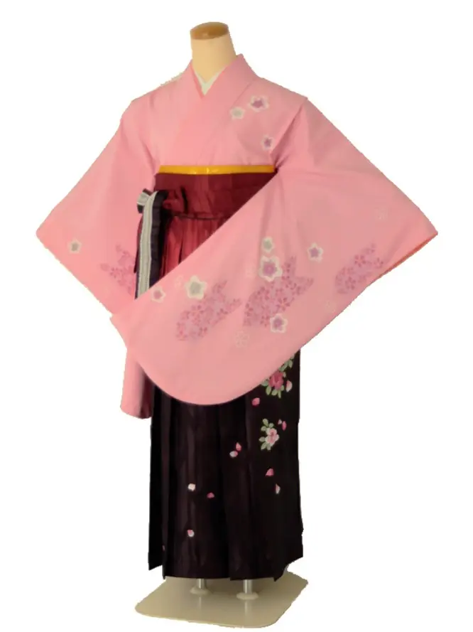 小学生卒業式袴女児 ピンク桜×レッド絣ぼかし裾花チラシ N020