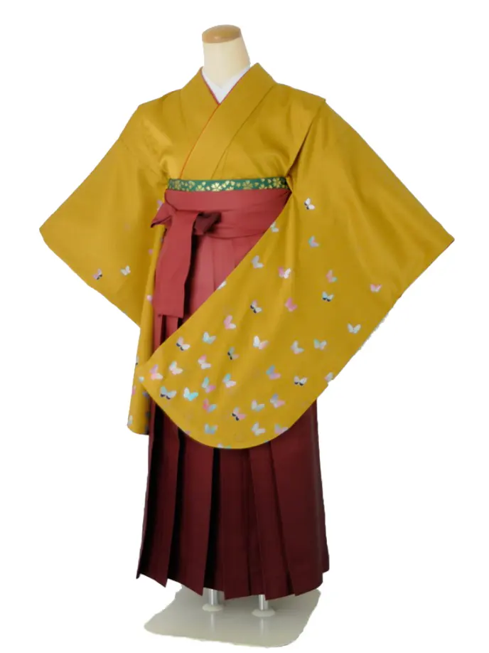 小学生卒業式袴女児 からし蝶×レッドぼかし N021