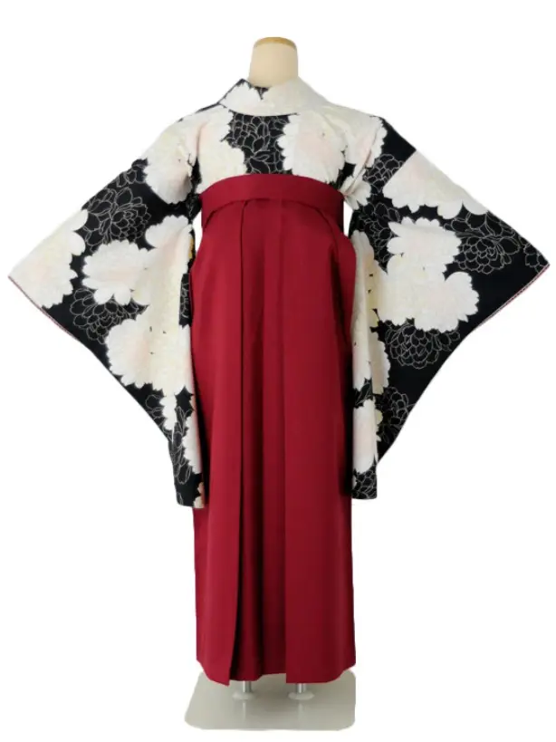 小学生卒業式袴女児 黒白牡丹×エンジ無地桜刺繍 N022