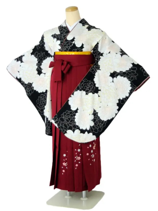 小学生卒業式袴女児 黒白牡丹×エンジ無地桜刺繍 N022