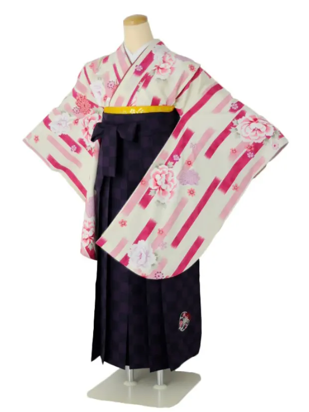 小学生卒業式袴女児 絣牡丹ピンク白×市松パープル刺繍 N023