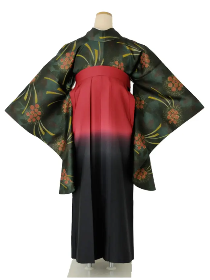 小学生卒業式袴女児 モスグリーン×赤ぼかし黒手毬 N025