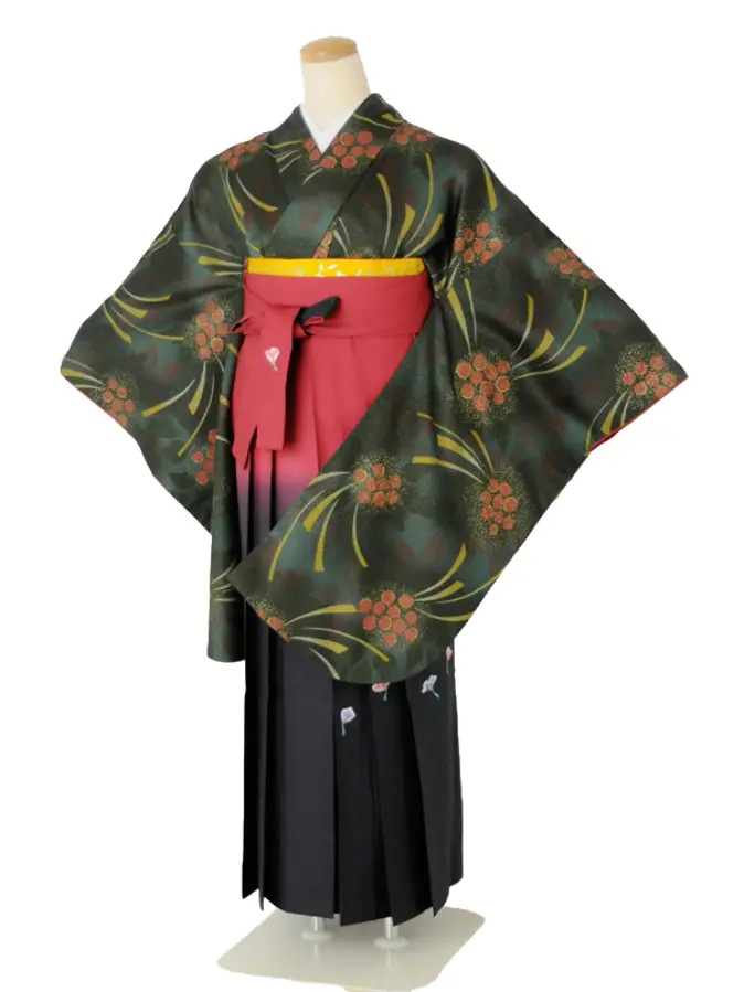 小学生卒業式袴女児 モスグリーン×赤ぼかし黒手毬 N025