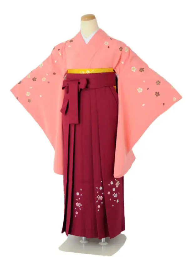 小学生卒業式袴女児c131桜小振袖ピンク×エンジ無地桜刺繍