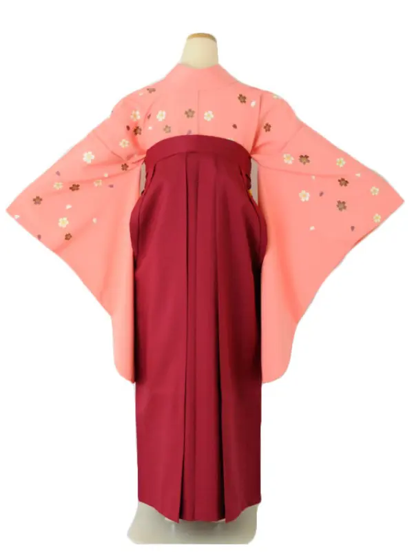 小学生卒業式袴女児 桜ピンク×エンジ無地桜刺繍 N026