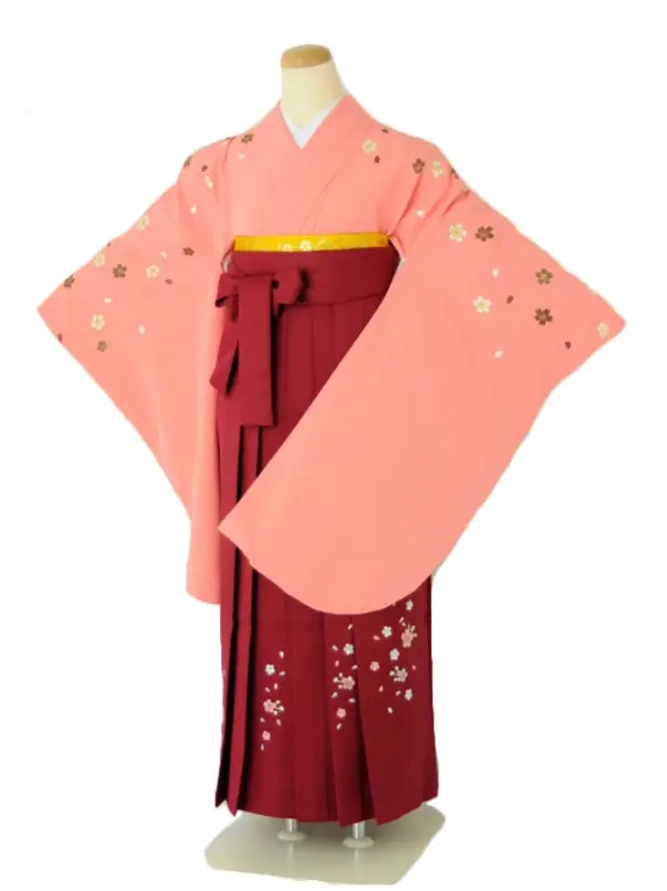 小学生卒業式袴女児 桜ピンク×エンジ無地桜刺繍 N026