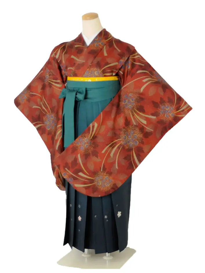 小学生卒業式袴女児 モダンレッド×グリーンぼかし桜 N027