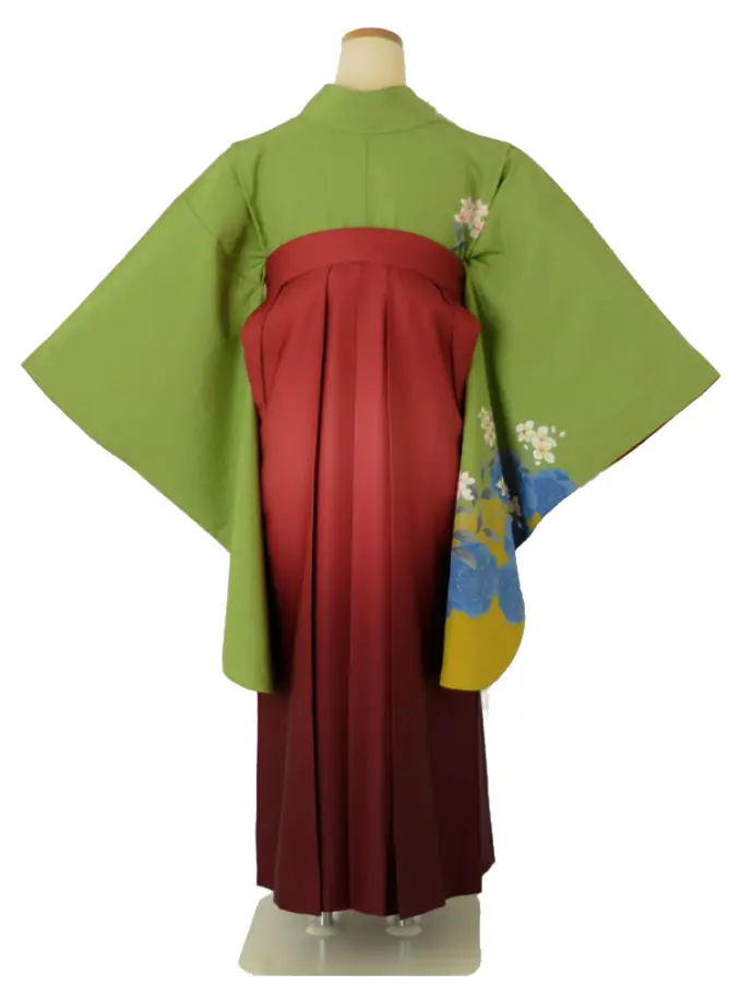 小学生卒業式袴女児 グリーン白花桜×レッドぼかし N028