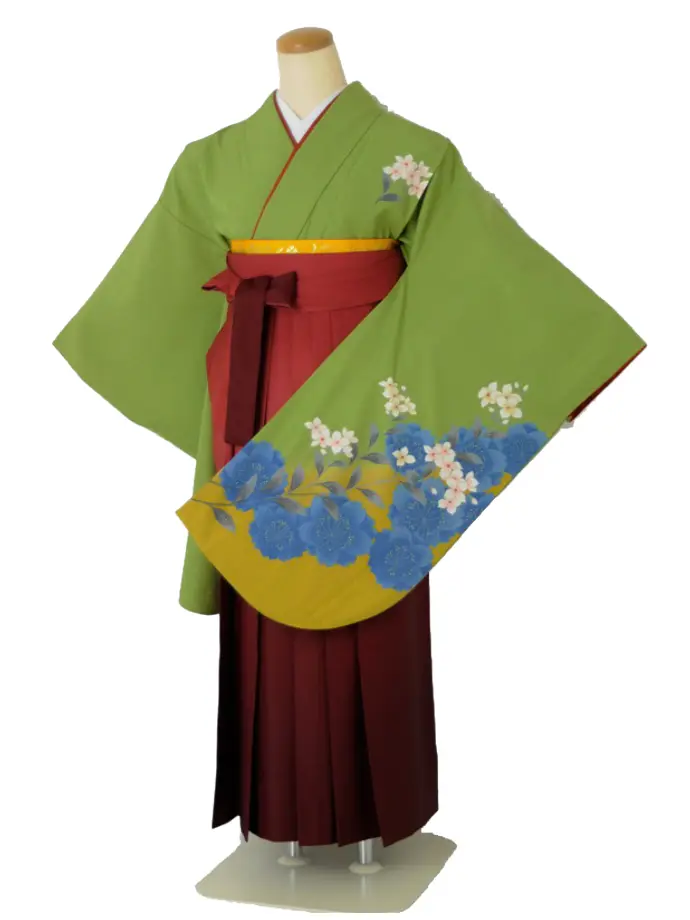 小学生卒業式袴女児 グリーン白花桜×レッドぼかし N028