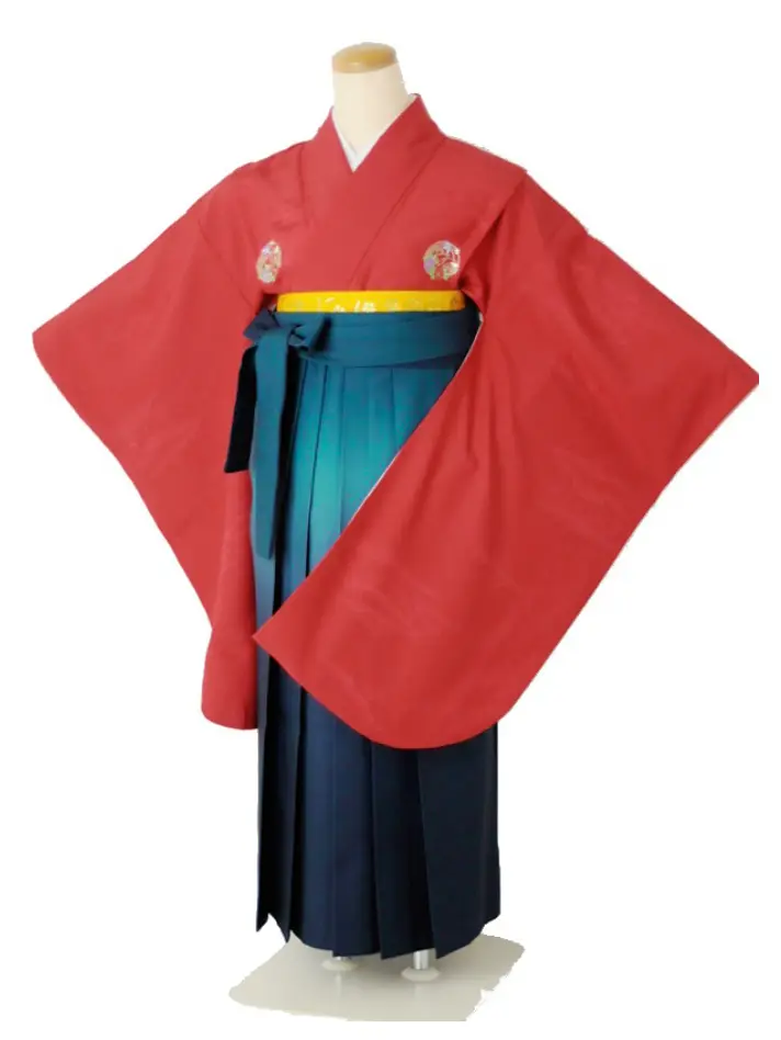 小学生卒業式袴女児 無地赤刺繍×グリーンぼかし N029