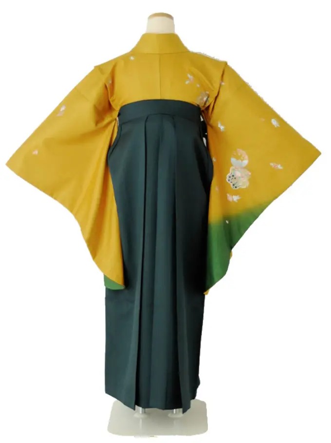 小学生卒業式袴女児 からし花チラシ×グリーン無地桜刺繍 N031