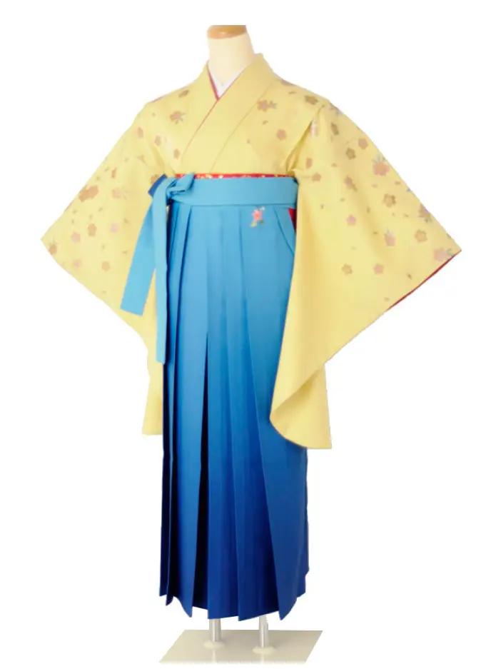 小学生卒業式袴女児c138イエローチラシ桜×水色ぼかし刺繍