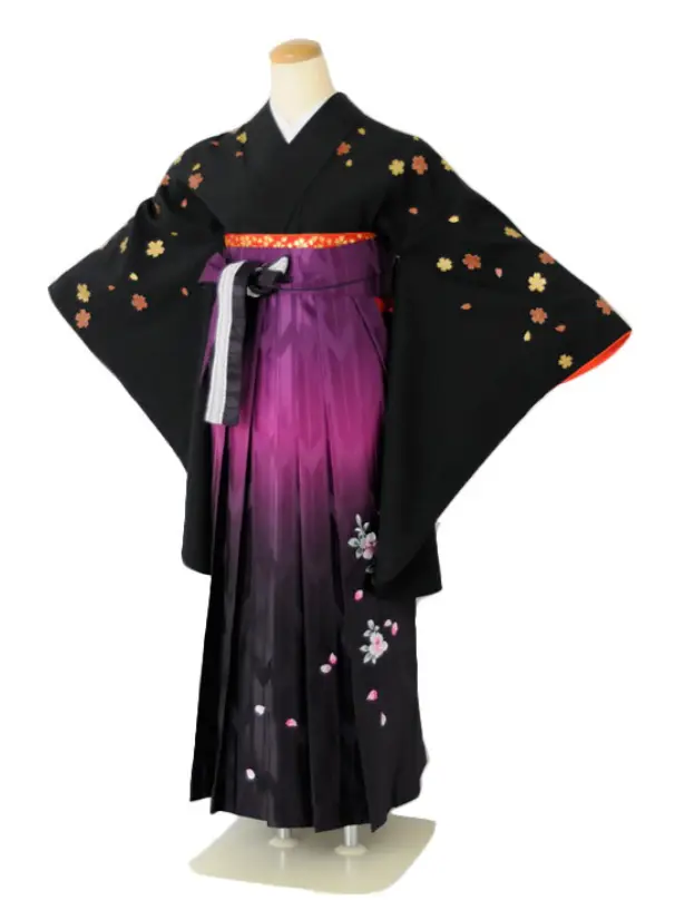小学生卒業式袴女児c142桜小振袖ブラック×パープルぼかし矢絣刺繍