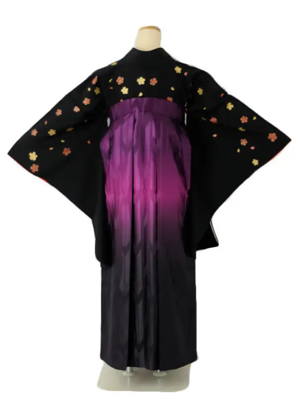 小学生卒業式袴女児 桜小振袖ブラック×パープルぼかし矢絣刺繍 N033