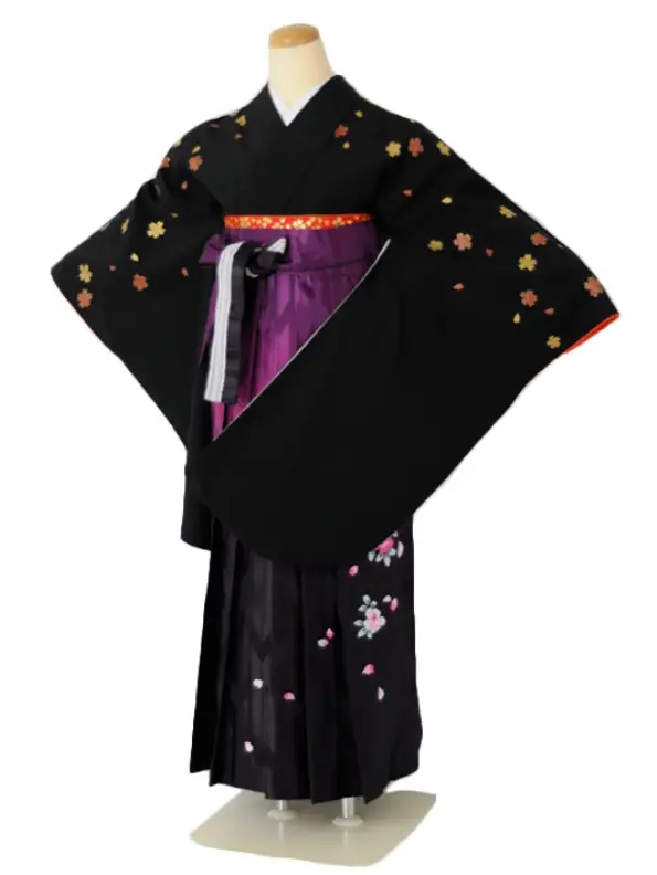 小学生卒業式袴女児 桜小振袖ブラック×パープルぼかし矢絣刺繍 N033