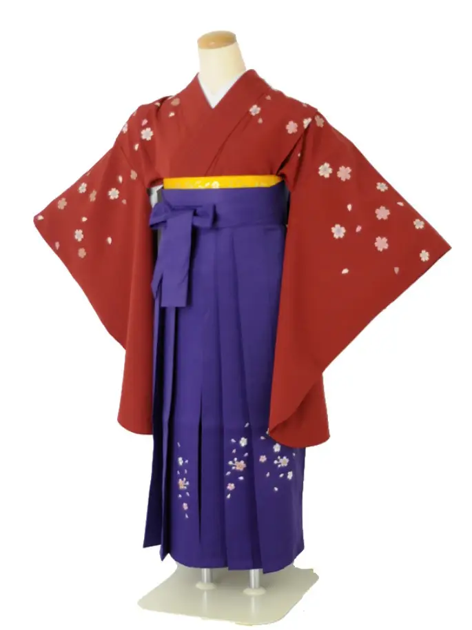小学生卒業式袴女児c143桜小振袖レッド×パープル無地桜刺繍