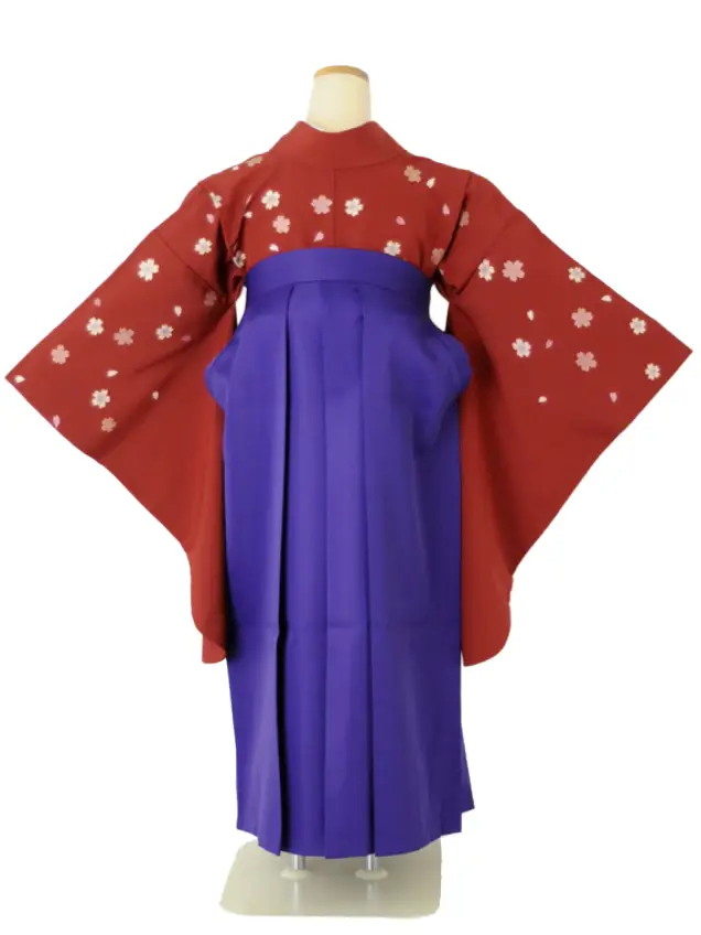 小学生卒業式袴女児 桜小振袖レッド×パープル無地桜刺繍 N034