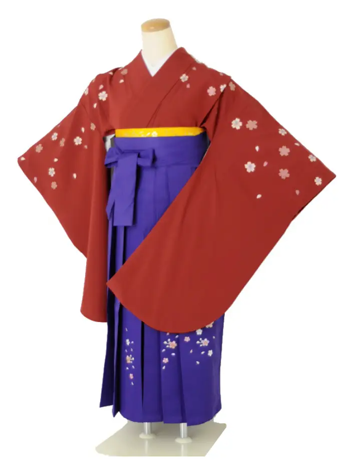 小学生卒業式袴女児 桜小振袖レッド×パープル無地桜刺繍 N034