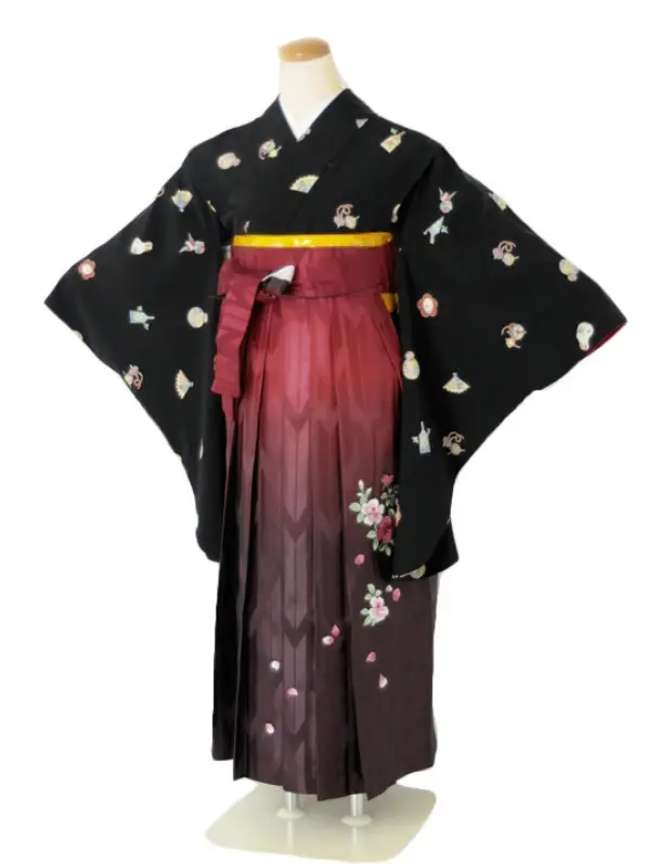 小学生卒業式袴女児c144黒おもちゃ×レッドぼかし矢絣刺繍