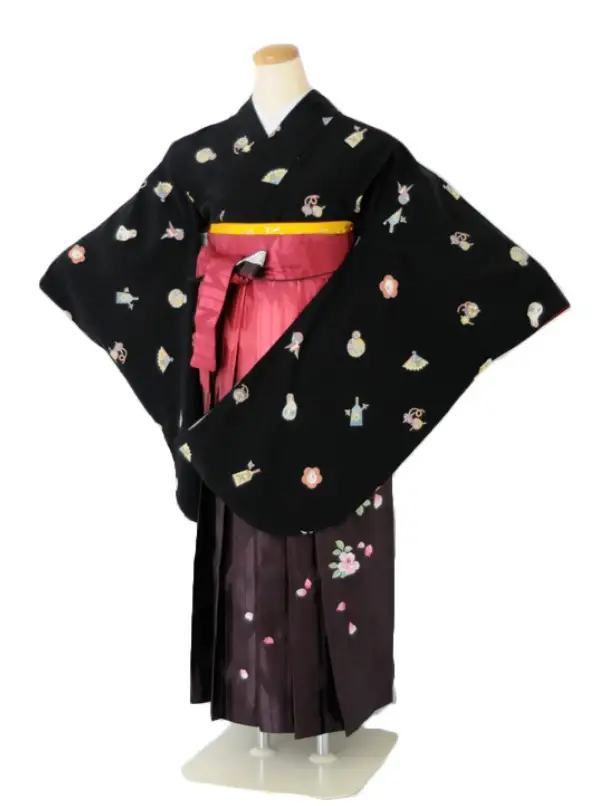 小学生卒業式袴女児 黒おもちゃ×レッドぼかし矢絣刺繍 N035