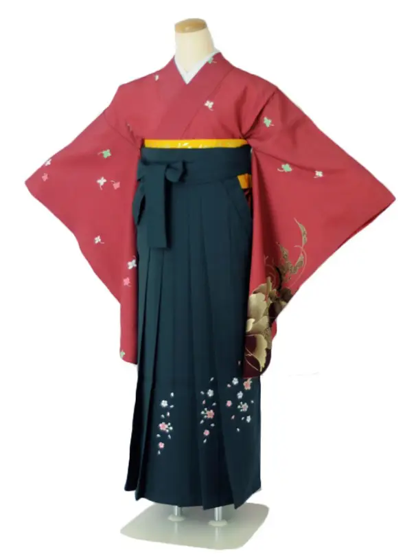 小学生卒業式袴女児c147小紋小振袖ワイン×グリーン無地桜刺繍