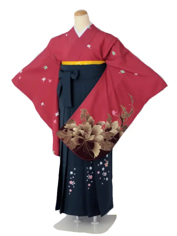 小学生卒業式袴女児 小紋小振袖ワイン×グリーン無地桜刺繍 N037