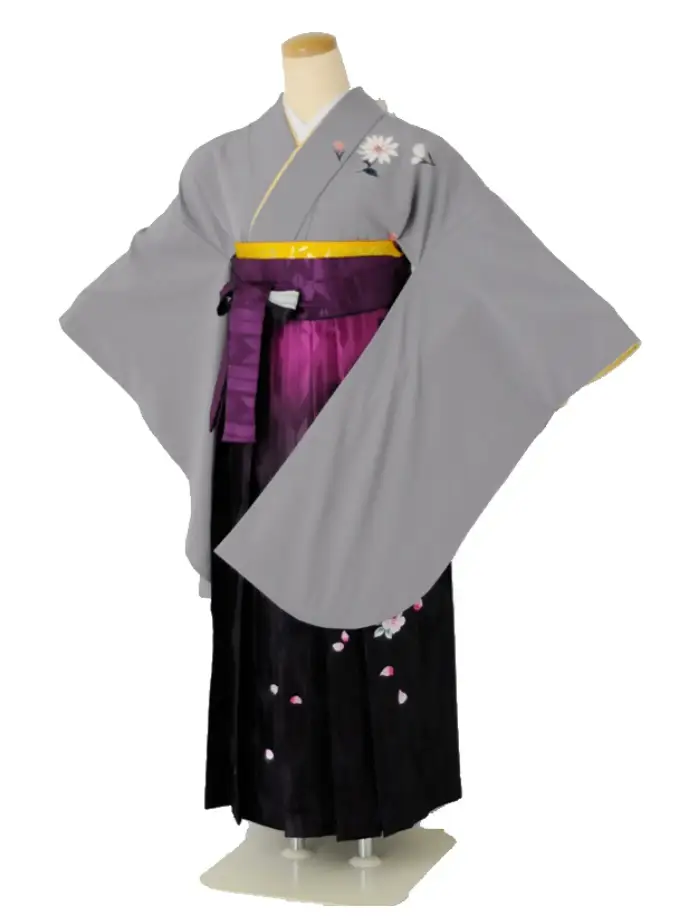 小学生卒業式袴女児 グレー寛斎×パープルぼかし矢絣刺繍 N043