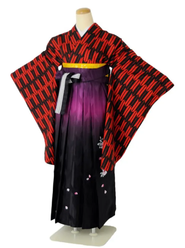 小学生卒業式袴女児c157赤矢絣×パープルぼかし矢絣刺繍