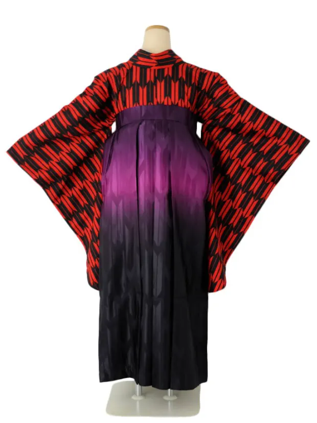 小学生卒業式袴女児 赤矢絣×パープルぼかし矢絣刺繍 N044