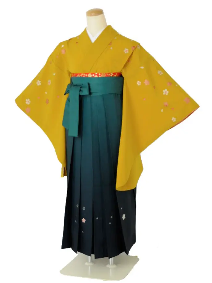 小学生卒業式袴女児c160小振袖イエロー×グリーンぼかし桜