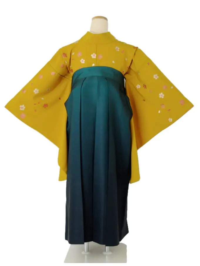 小学生卒業式袴女児 小振袖イエロー×グリーンぼかし桜 N046