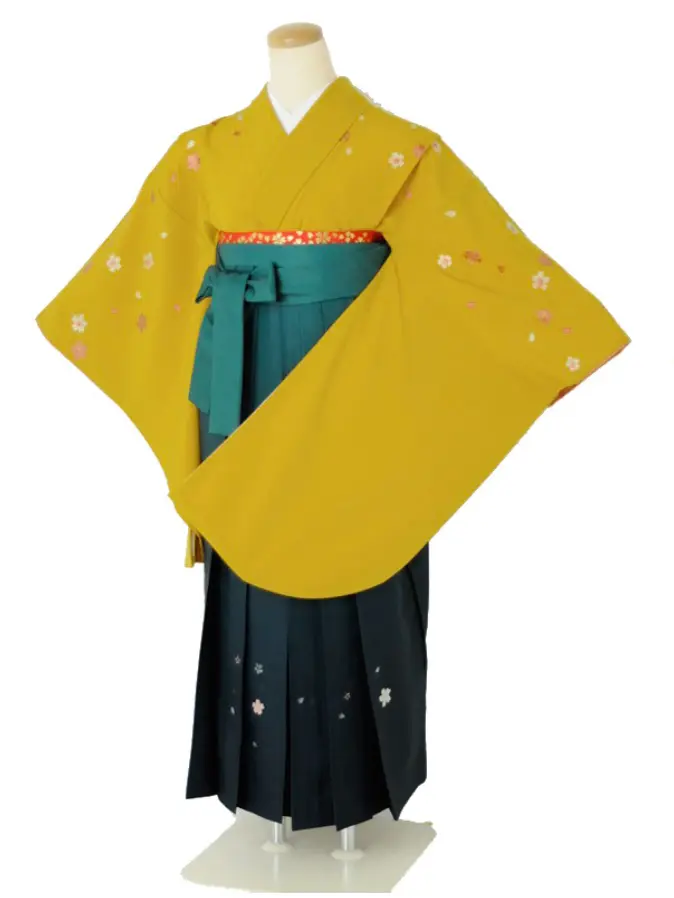 小学生卒業式袴女児 小振袖イエロー×グリーンぼかし桜 N046