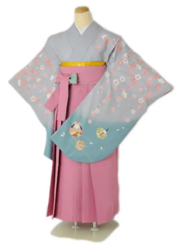 小学生卒業式袴女児 グレー雛人形×ピンク N048